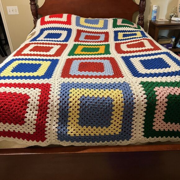 Handmade Other - Vtg Large Granny Square Crochet Afghan White Trim Full Queen 86" x 88" Handmade